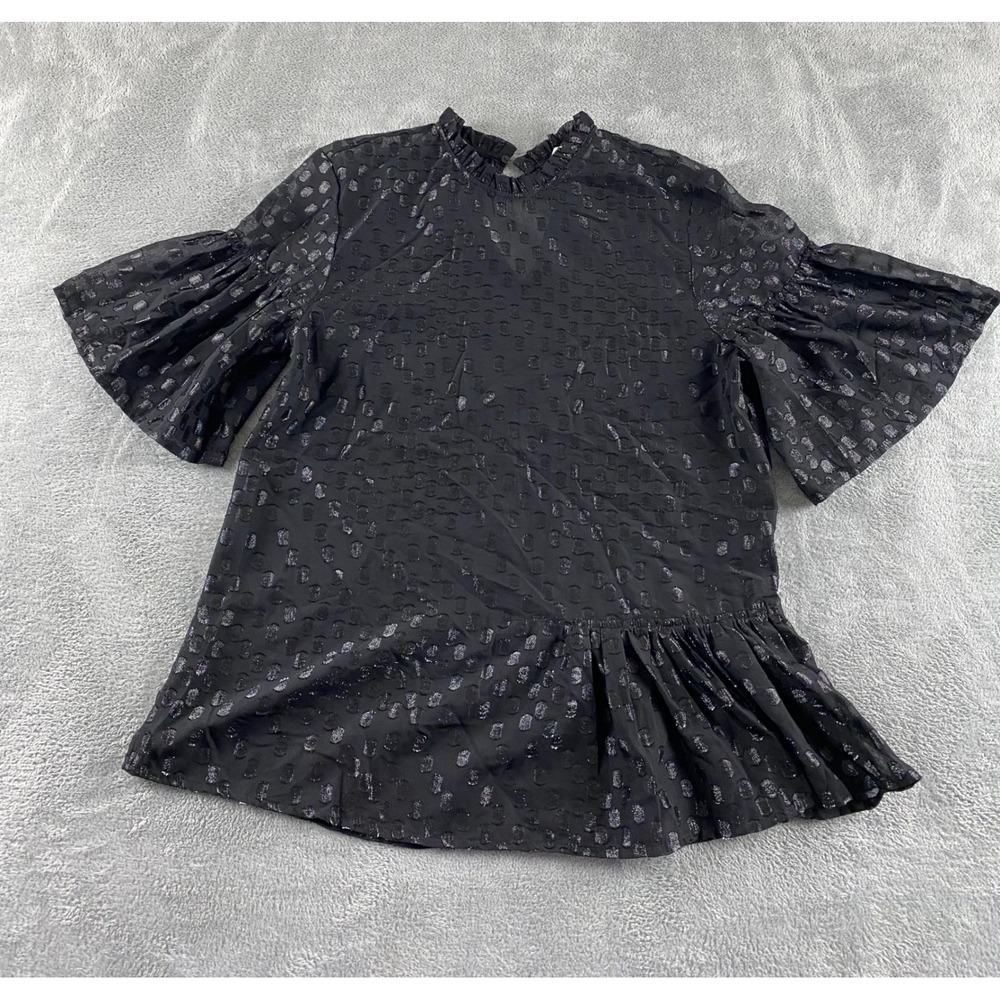 HM Black Metallic‎ Silver Clip Dot Ruffle Neck Peplum Blouse Womens Size 8